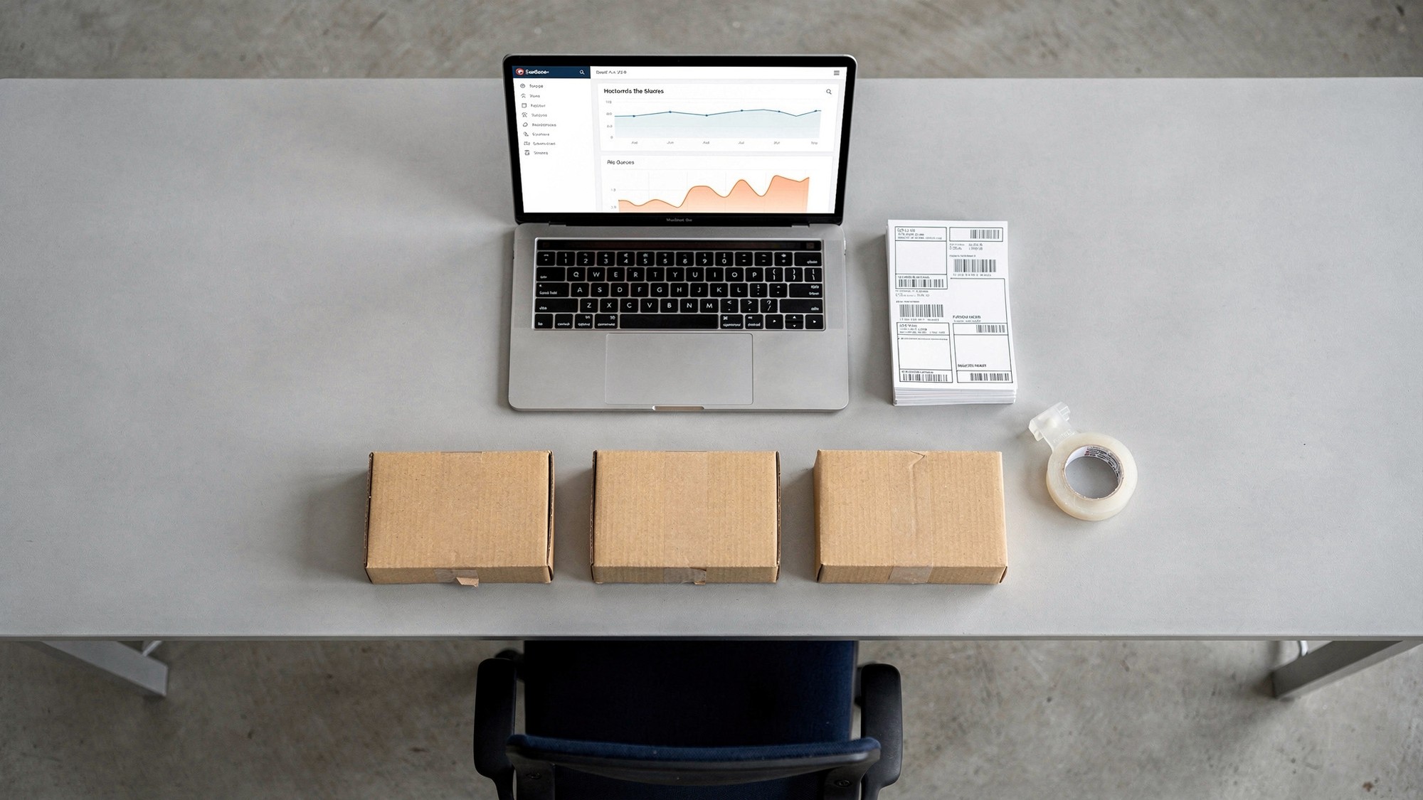 Arbeitsplatz von oben: Laptop mit Verkaufszahlen, Versandetiketten und drei verpackte Pakete